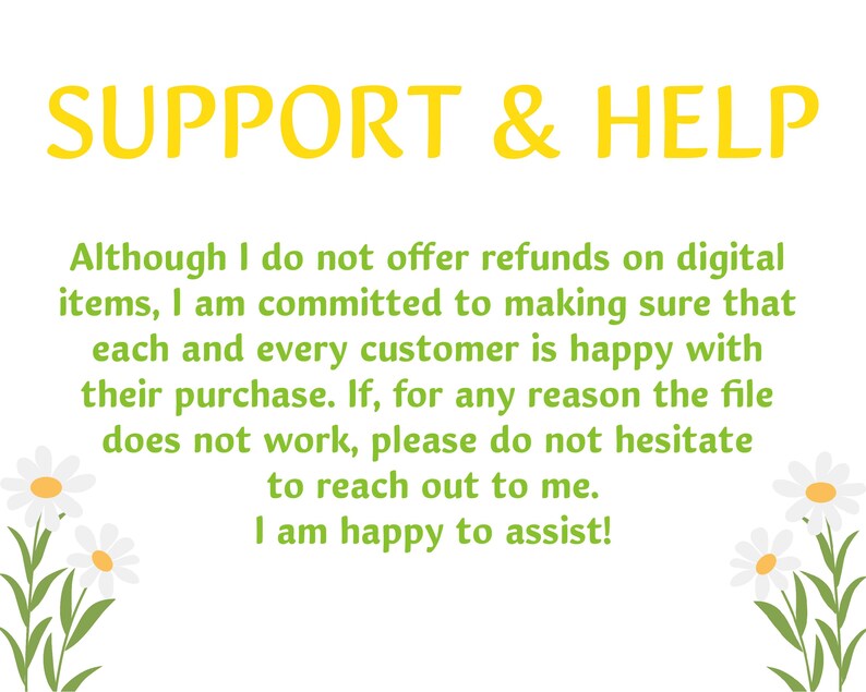 May include: A white text graphic on a yellow background with the words "SUPPORT & HELP". The text below explains that the seller offers support for digital items and is committed to customer satisfaction.