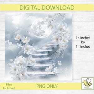 Può includere: Un download digitale di un design floreale bianco con una scala che conduce a una luna piena. Il design misura 35,56 cm per 35,56 cm ed è disponibile come file PNG.