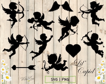 Cupid Silhouette Clipart, Cupid Love, Angel SVG, Heart and Arrow, Cupid Images, Angel Wings, Bow And Arrow, Digital Images, Digital Download