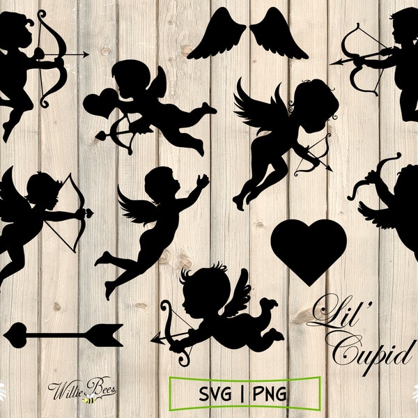 Cupid Silhouette Clipart, Cupid Love, Angel SVG, Heart and Arrow, Cupid Images, Angel Wings, Bow And Arrow, Digital Images, Digital Download