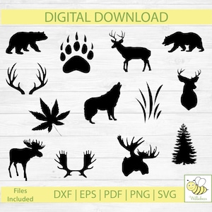 May include: A set of 10 black and white silhouette images of various animals and nature elements, including a bear, deer, wolf, moose, a paw print, antlers, a tree, and a leaf. The text "DIGITAL DOWNLOAD" is at the top of the image. The text "Files Included" is at the bottom left of the image. The text "DXF | EPS | PDF | PNG | SVG" is at the bottom center of the image. The text "Willabees" is at the bottom right of the image.