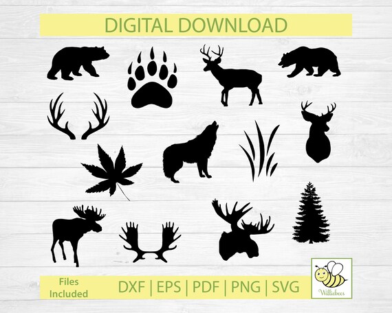 Deer SVG, Moose SVG, Woodland Animal Clipart, Tree Clipart, Hunting SVG, Black Bear, Deer And Moose Antlers, Wolf Image, Digital Download