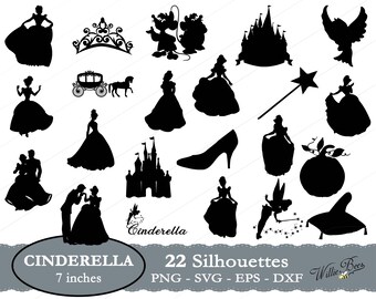 Cinderella SVG Silhouette Clip Art, Princess Dress, Cinderella Images, Prince SVG, Castle SVG, Glass Slippers, Magic Wand, Instant Download
