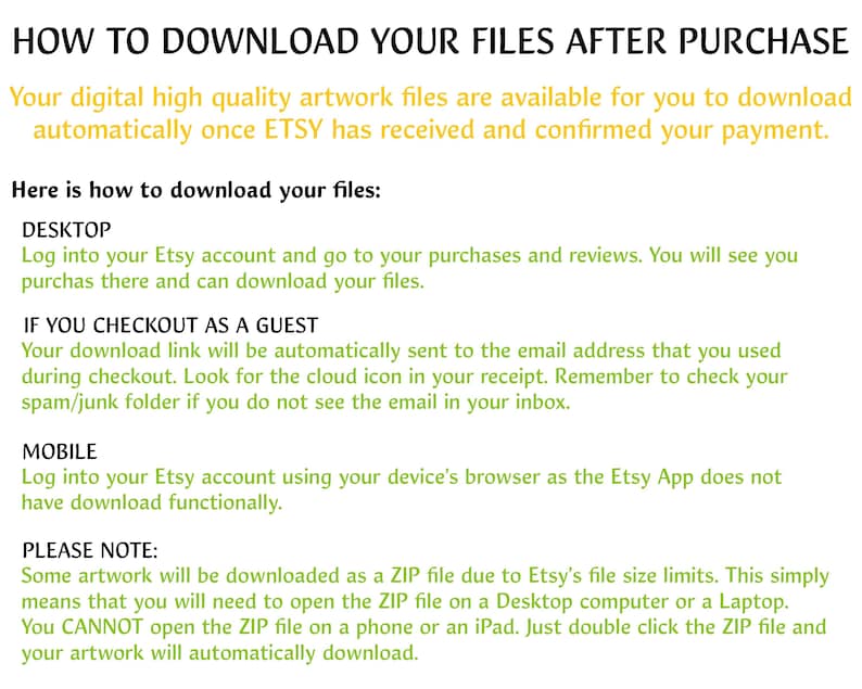 May include: A white background with green text explaining how to download digital files after purchasing from Etsy. The text includes instructions for both desktop and mobile devices, as well as information about downloading files as a ZIP file.