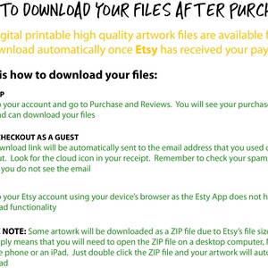 May include: White background with black and green text explaining how to download files after purchase on Etsy. Instructions include downloading on a desktop, for guest users, and on mobile devices. The text also notes that some artwork downloads as a ZIP file.