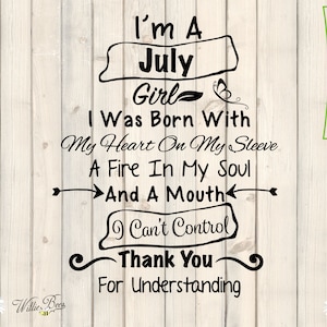 Compleanno di luglio in formato SVG, compleanno di luglio, sono una ragazza di luglio, cancro, cuore sulla manica, citazione su maglietta, ragazza Leone, buon compleanno, download istantaneo