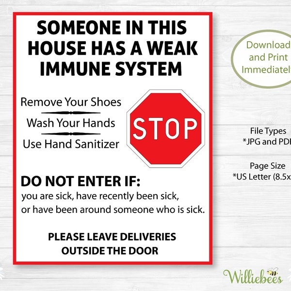 Weak Immune System Sign, Medical Sign, Sick Family Member, Do Not Enter, Medically Fragile, Front Door Sign, Medical Print, Digital Download