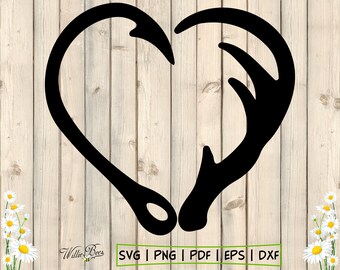 Fish Hook SVG, Hook And Antler SVG, Antler Heart Silhouette, Fish Hook Clipart, Gone Fishing, Gone Hunting, Love Heart, Digital Download