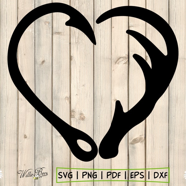 Fish Hook SVG, Hook And Antler SVG, Antler Heart Silhouette, Fish Hook Clipart, Gone Fishing, Gone Hunting, Love Heart, Digital Download