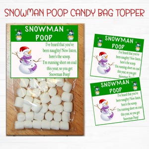 Snowman Poop Christmas Candy Bag Topper, Etiquetas de bolsas de dulces, Toppers de bolsas de golosinas, Favores de Navidad, Fiesta de Navidad imprimible, Descarga digital