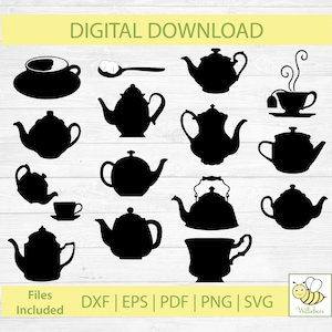 Czajnik SVG, Kostka cukru, Filiżanka SVG, Czajnik, Plik Cricut, Clipart winylowy, Szablon czajnika, Czas na herbatę, Clipart kuchenny, Pobieranie cyfrowe