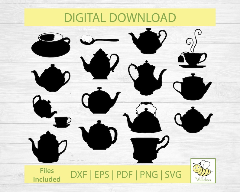 Może przedstawiać: Cyfrowy plik do pobrania z 14 czarnymi sylwetkami czajnik&oacute;w i filiżanek do herbaty. Obrazy idealnie nadają się do projekt&oacute;w rękodzielniczych, scrapbookingu i nie tylko.