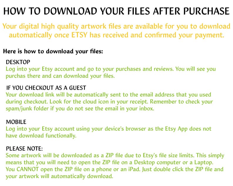Pu&ograve; includere: Uno sfondo bianco con testo verde che spiega come scaricare file digitali dopo aver acquistato da Etsy. Il testo include istruzioni per computer desktop e dispositivi mobili, nonch&eacute; informazioni sul download di file come file ZIP.