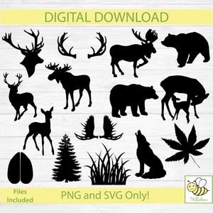 Woodland Animal SVG, Moose Images, Animal Clipart, Forest Animals, Whitetail Deer, Moose Antlers, Black Bear, Wolf SVG, Digital Download