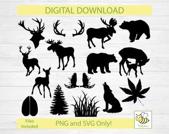 Woodland Animal SVG, Moose Images, Animal Clipart, Forest Animals, Whitetail Deer, Moose Antlers, Black Bear, Wolf SVG, Digital Download