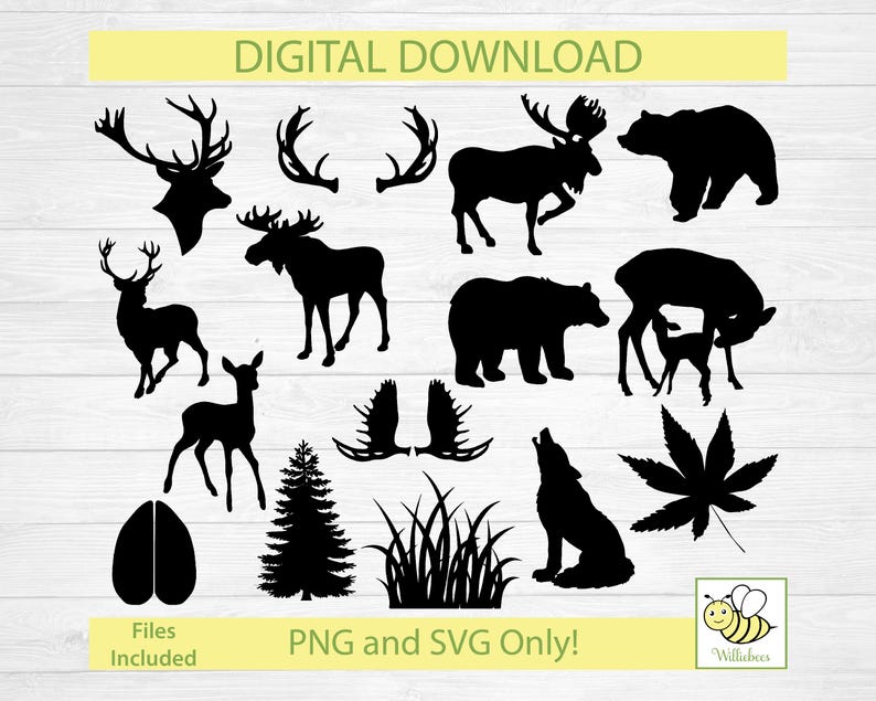 May include: A digital download of 14 black and white silhouette images of various woodland animals, including deer, moose, bear, wolf, and a maple leaf. The text "Digital Download" and "PNG and SVG Only!" is also included in the image.