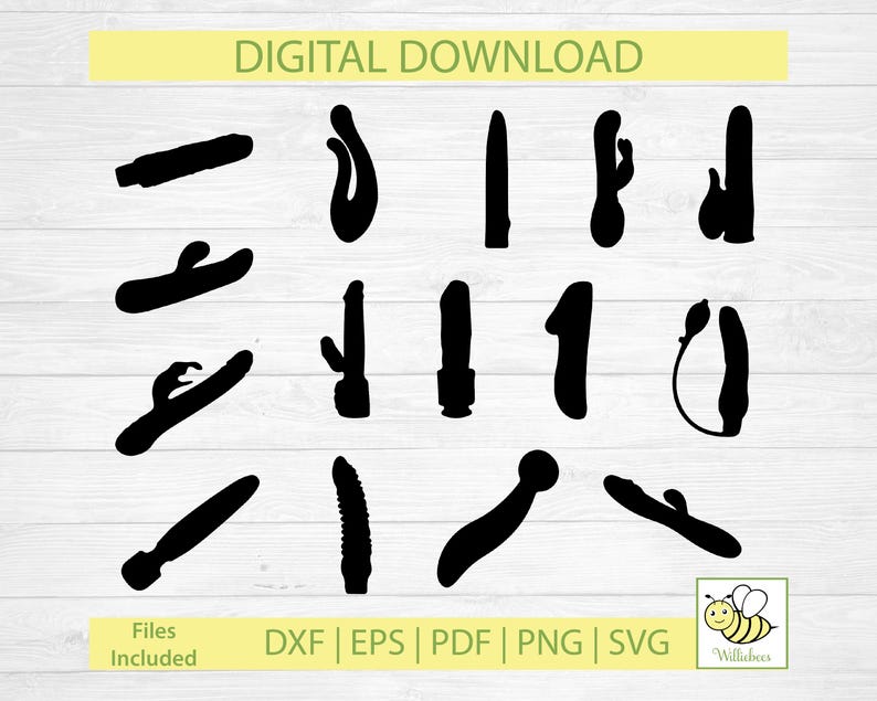 May include: A digital download of 16 black and white silhouette images of various shapes. The images are arranged in a grid pattern on a wood grain background. The text "DIGITAL DOWNLOAD" is at the top of the image. The text "Files Included" is at the bottom left of the image. The text "DXF | EPS | PDF | PNG | SVG" is at the bottom center of the image. The text "Williebees" is at the bottom right of the image.