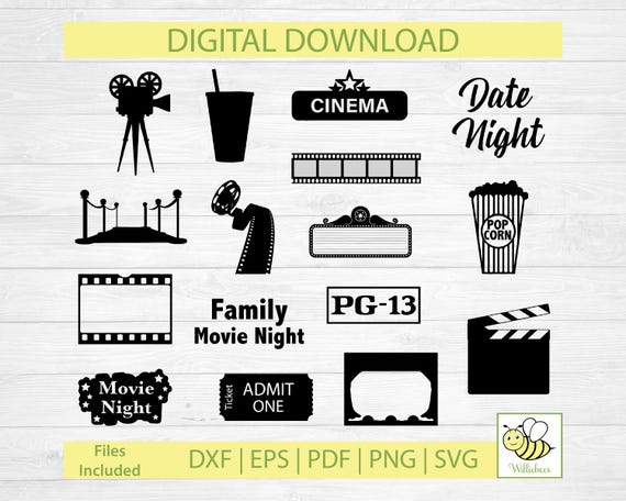 Movie Night SVG, Movie Clipart, Movie Theatre, Cinema Clipart, Popcorn Clipart, Clapperboard SVG, Movie Ticket, Film Reel, Digital Download