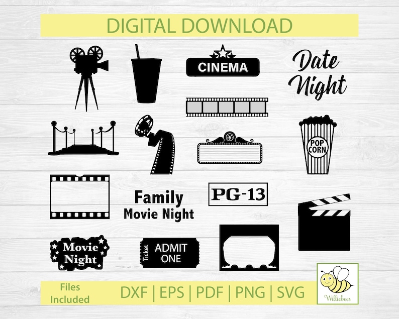 May include: Black and white digital download files for movie night themed crafts. The files include a movie camera, popcorn bucket, ticket, and other movie-related icons. The text "Date Night", "Family Movie Night", "Movie Night", "Cinema", "PG-13", "Admit One", and "Pop Corn" are included in the design.