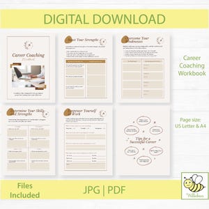 Op de afbeelding: Een digitale download van een carrière coaching werkboek met de tekst "Career Coaching Workbook". Het werkboek bevat pagina's met prompts om sterke punten te versterken, zwaktes te overwinnen en vaardigheden te bepalen. De paginaformaten zijn US Letter & A4. Bestanden zijn JPG en PDF.