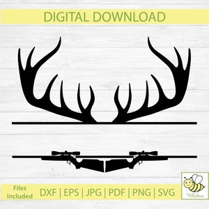 Deer Antler Split Monogram SVG, Personalized Name, Buck Hunting Custom Design, Rifle With Scope, Hunters Gift, Wall Decor, Digital Download
