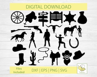 Wild West SVG, Western Clipart, Cowboy SVG, Cowgirl Svg, Sheriff Badge, Horse And Saddle, Western Saloon SVG, Cowboy Hat, Digital Download