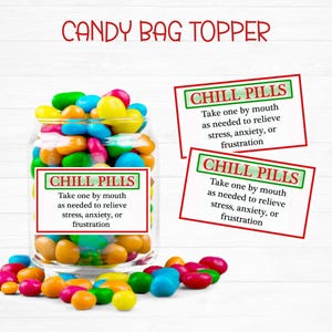 Chill Pills Candy Bag Topper, Tagi prezentowe, Torby na świąteczne smakołyki, Gag Gift, Party Printable, Chill Out, Calm Down, Happy Pills, Digital Download