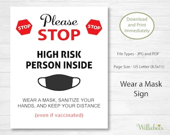 High Risk Person Medical Sign, Sick Family Member, Wear A Mask, Do Not Enter, Medically Fragile, Front Door Sign, Digital Download