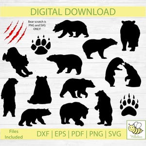 Clipart-afbeelding Bear SVG silhouet, Bear Paw, zwarte beer, grizzlybeer, grommende beer, staande beer, Bear Scratch, digitale download