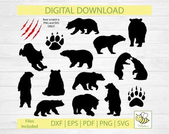 Bear SVG Silhouette Clipart Image, Bear Paw, Black Bear, Grizzly Bear, Growling Bear, Standing Bear, Bear Scratch, Digital Download