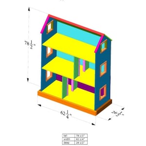 Pode incluir: Um design colorido de casa de bonecas com dimens&otilde;es. A casa de bonecas &eacute; azul com pisos amarelos, paredes turquesa e um telhado vermelho. Possui tr&ecirc;s n&iacute;veis, janelas e mede 199.4 cm de altura, 158.1 cm de largura e 67.3 cm de profundidade.