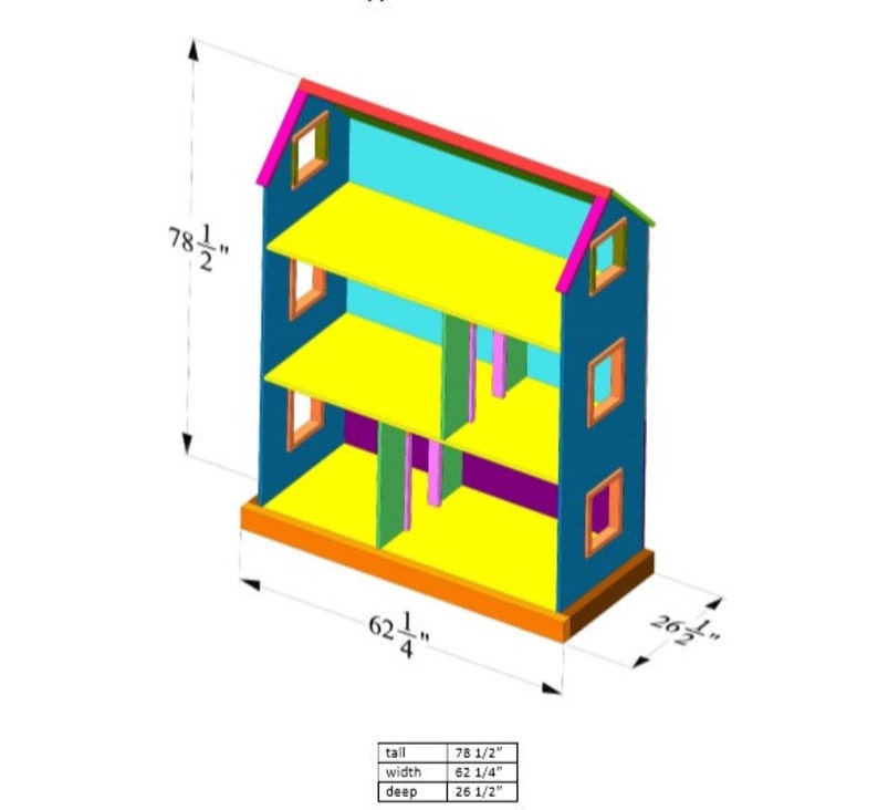 Pode incluir: Um design colorido de casa de bonecas com dimens&otilde;es. A casa de bonecas &eacute; azul com pisos amarelos, paredes turquesa e um telhado vermelho. Possui tr&ecirc;s n&iacute;veis, janelas e mede 199.4 cm de altura, 158.1 cm de largura e 67.3 cm de profundidade.