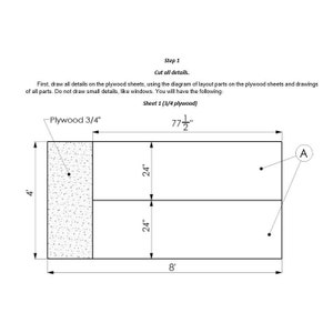 Pode incluir: Diagrama de uma folha de contraplacado com dimens&otilde;es em p&eacute;s e polegadas. O diagrama inclui medidas de 4 p&eacute;s, 8 p&eacute;s, 77 1/2 polegadas (197 cm) e 24 polegadas (61 cm). O texto indica que esta &eacute; a folha 1 de contraplacado de 3/4 e instrui a cortar todos os detalhes.
