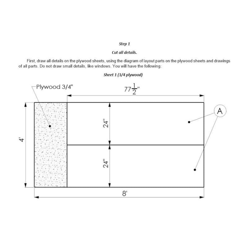 Pode incluir: Diagrama de uma folha de contraplacado com dimens&otilde;es em p&eacute;s e polegadas. O diagrama inclui medidas de 4 p&eacute;s, 8 p&eacute;s, 77 1/2 polegadas (197 cm) e 24 polegadas (61 cm). O texto indica que esta &eacute; a folha 1 de contraplacado de 3/4 e instrui a cortar todos os detalhes.