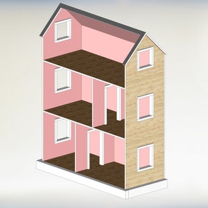 Pode incluir: Uma casa de bonecas de tr&ecirc;s andares com um design de corte, mostrando os quartos interiores. As paredes interiores s&atilde;o rosa, com pisos marrons e acabamentos brancos. O exterior apresenta revestimento de madeira clara e um telhado cinza.
