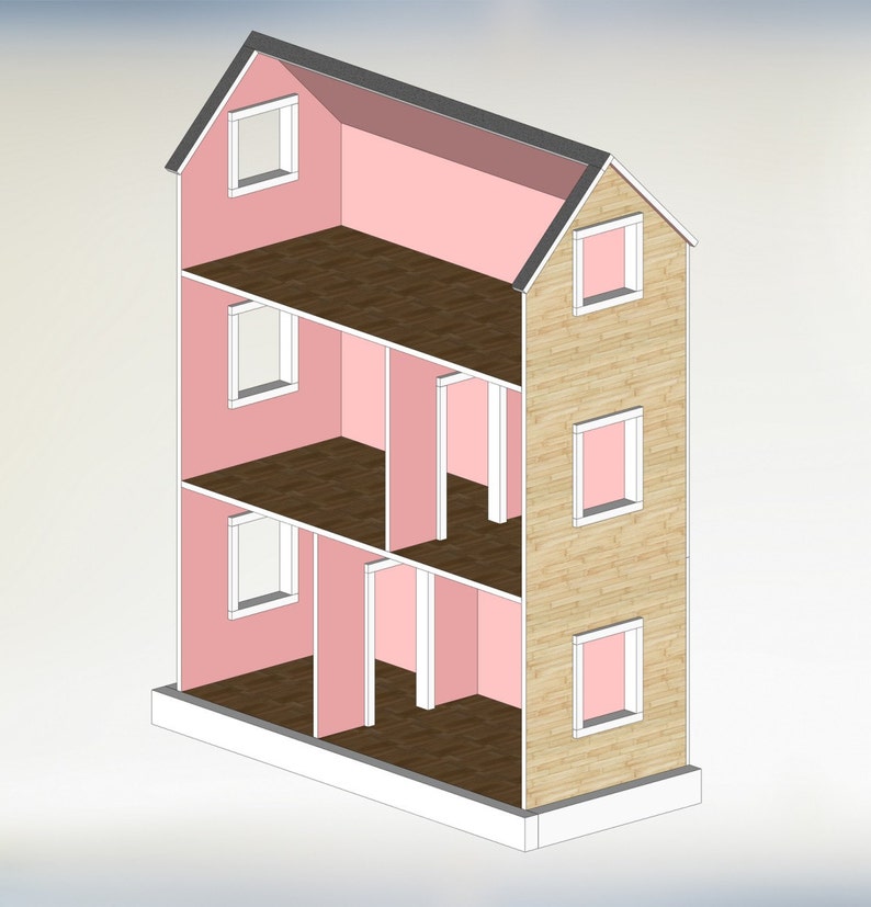 Pode incluir: Uma casa de bonecas de tr&ecirc;s andares com um design de corte, mostrando os quartos interiores. As paredes interiores s&atilde;o rosa, com pisos marrons e acabamentos brancos. O exterior apresenta revestimento de madeira clara e um telhado cinza.