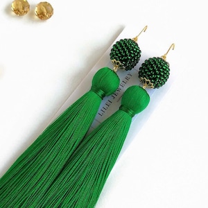 Green tassel earrings her Long green fringe earrings Long Botanical jewelry Forest green earrings Beadwoven casual Everyday green earrings