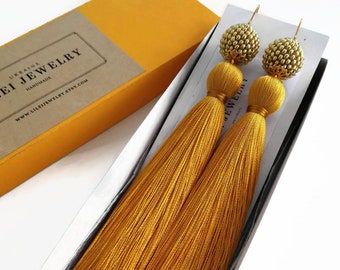 Mustard yellow tassel earrings, Long silk fringe drop earrings, Boho tassel jewelry gift for wife