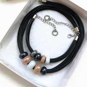 Black ceramic bead necklace and bracelet, Black white ceramic jewelry set 2 pcs, Black minimalist ceramic cord choker necklace and bracelet