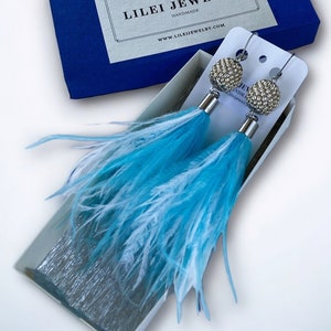 Turquoise blue white feather earrings, Bright blue ostrich feather earrings, Sky sea blue white feather earrings, Feather jewelry gift women