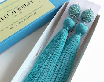 Turquoise Silk Tassel Earrings: Beaded Sky Blue Jewelry