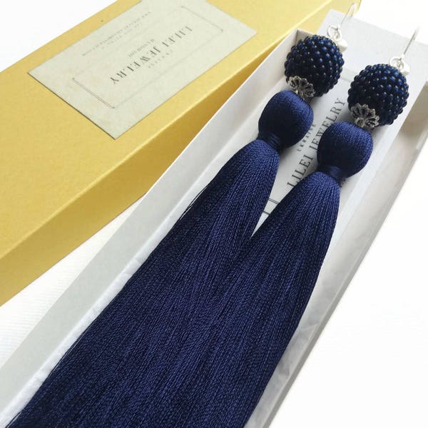 Long navy blue silk tassel earrings with seed beaded beads Dark blue tassel drop earrings Custom gift