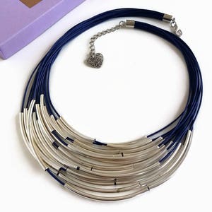 Blue Rope Necklace: Tribal Boho Silver Tube Jewelry