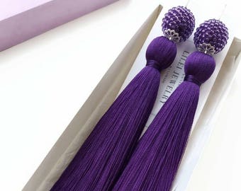 Long purple silk tassel earrings with beaded beads - Ultra violet statement tassel earrings - Purple tassel jewelry gift women