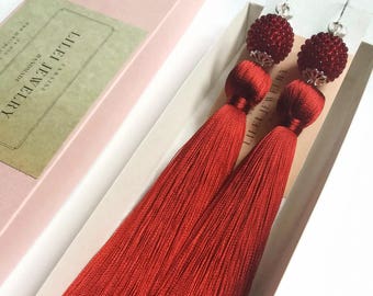 Crimson Red Silk Tassel Earrings: Seed Beaded Boho Jewelry