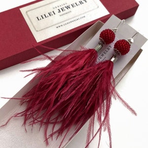 Maroon ostrich feather earrings, Long burgundy feather earrings, Wine red beaded feather earrings, Statement feather jewelry gift women
