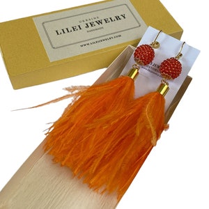 Long orange feather earrings with beaded beads, Real ostrich summer feather earrings, Bright feather earrings, Statement jewelry gift women