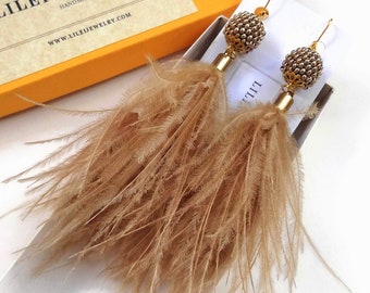 Beige feather earrings, Real ostrich feather earrings, Natural tan feather earrings, Statement feather jewelry gift women, Beaded earrings