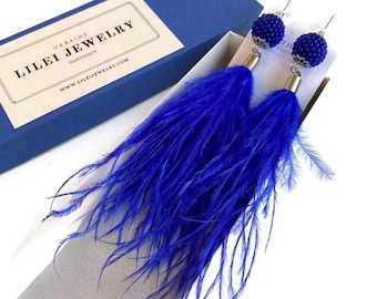 Royal blue feather earrings, Long real ostrich feather earrings, Electric blue tassel feather earrings, Statement feather jewelry gift women