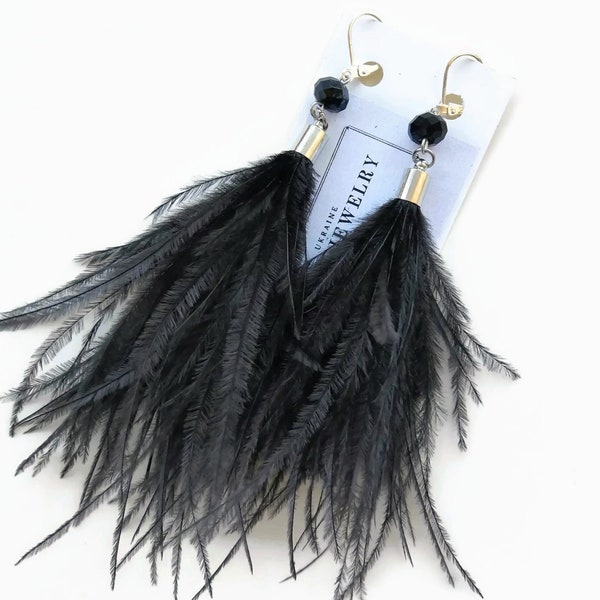 Long black feather earrings - Real ostrich feather earrings - Drop fashion black fluffy earrings - Feather jewelry women - Dramatic earrings